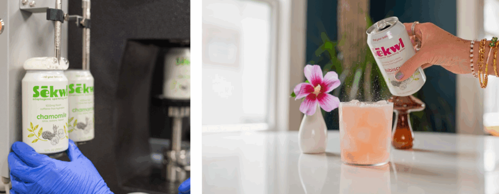 Cans having a beverage poured into them from a machine and a hand pouring a beverage from another can into a glass with a flower