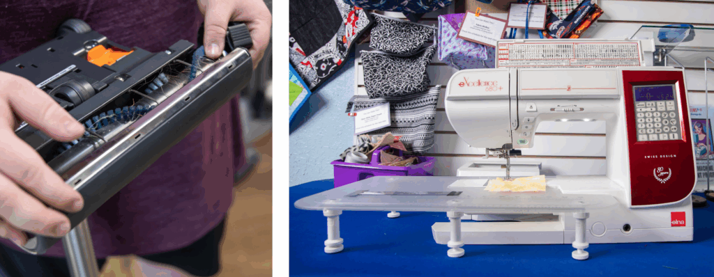 A closeup of a vacuum cleaner and a sewing machine