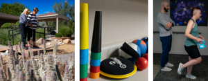 Outdoor garden for physical therapy, tools for physical therapy, patient doing exercises
