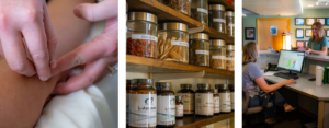 Doctor performing acupuncture on a patient, jars of dried herbs, two people smiling at a front desk